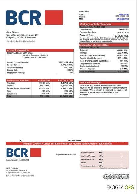 Moldavie BCR Chișinău relevé hypothécaire Modèle Word et PDF